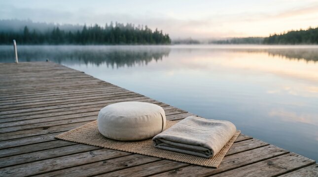 Meditation cushion and blanket on a wooden dock by a calm misty lake at sunrise.