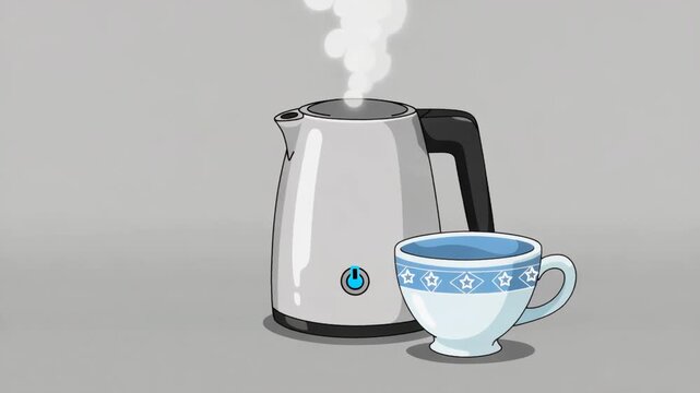 Electric Kettle Steaming Next to Teacup