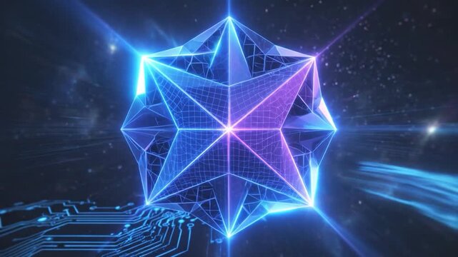 Glowing blue and purple geometric shape in space.