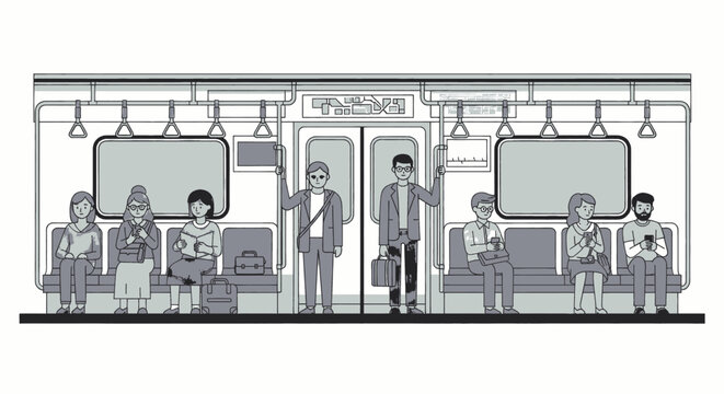 Diverse group of people commuting on a public transportation train.