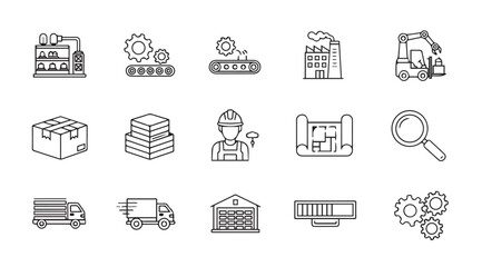 Fototapeta premium Industry icons in a clean line style with white background representing manufacturing and logistics concepts