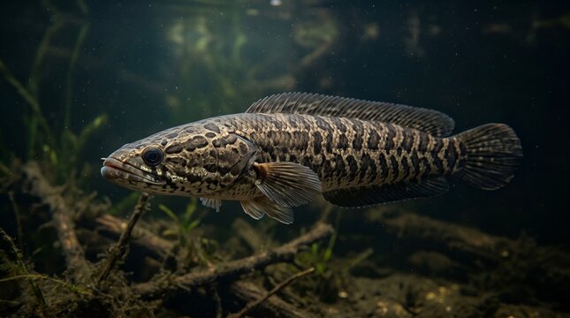 A close up view of a predatory northern snakehead fish swimming underwater.