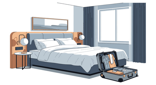 Modern hotel room with open suitcase and bed.