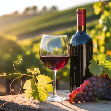 Botella y copa de vino tinto con racimo de uvas y hoja de parra en un vi&ntilde;edo iluminado por el sol
