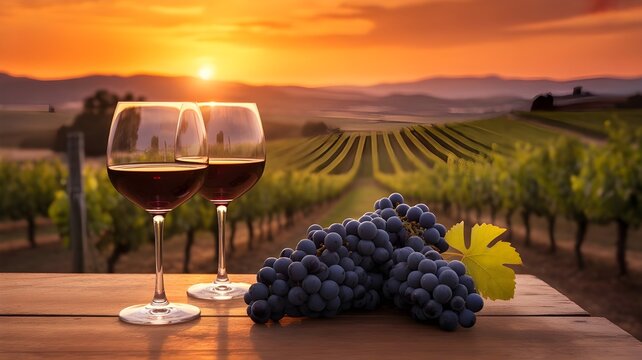 Dos copas de vino tinto y racimo de uvas en una mesa de madera con vi&ntilde;edos al atardecer