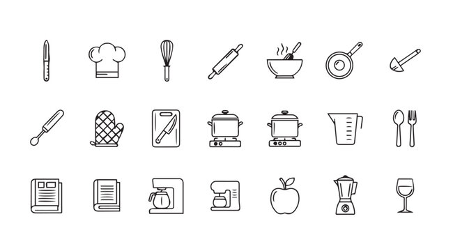 Kitchen utensil icons arranged in a grid for culinary design projects