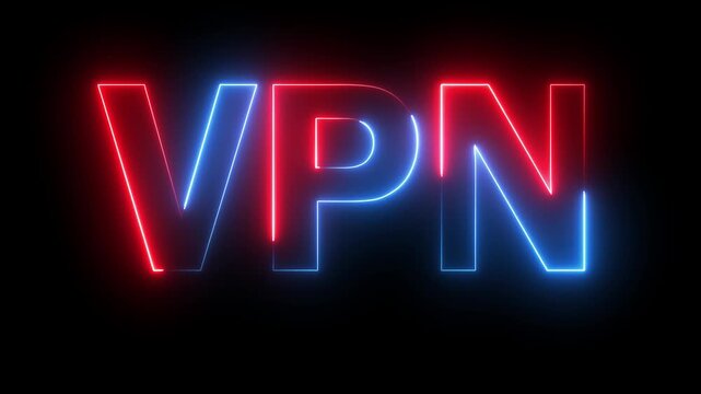 Neon VPN text icon animation glowing red and blue color business poster template signboard alphabet font letter word banner sign seamless light effect footage on black background