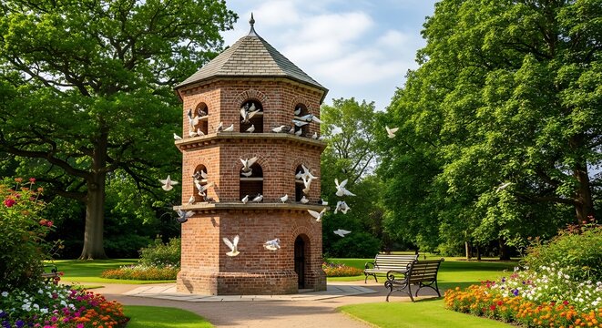 Tower with pigeons flying in a lush green garden setting during daylight
