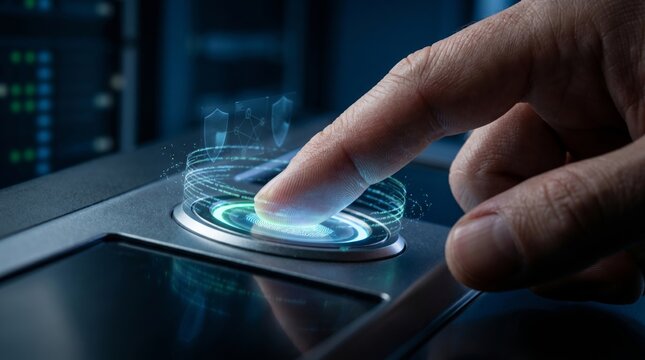 Biometric fingerprint scanner button with glowing shield interface for secure cyber network access