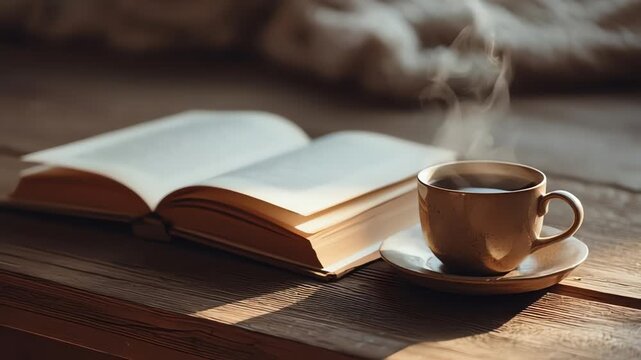 Cozy Morning Scene with Open Book and Steaming Coffee Cup