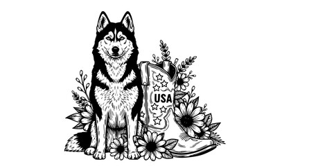 Siberian husky dog sitting next to western cowgirl boot and flowers with siberian © Kapilbiswas