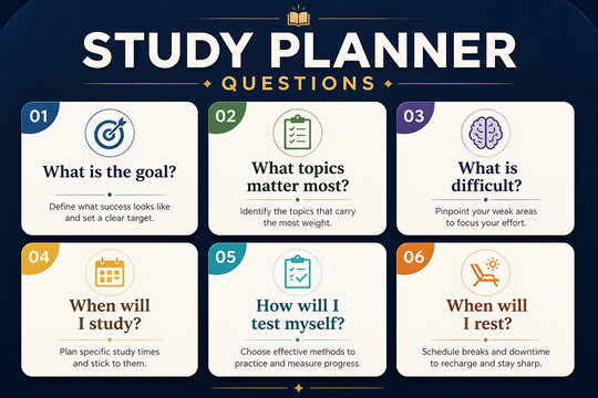 A graphic displays a study planner with six numbered questions guiding academic planning.