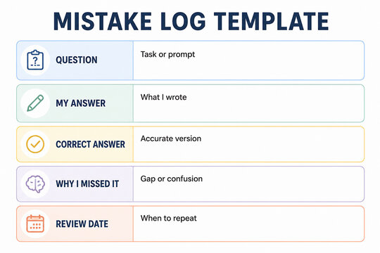 A digital template for a mistake log is displayed, featuring fields for question, answer, correct answer, reason for missing it, and review date.