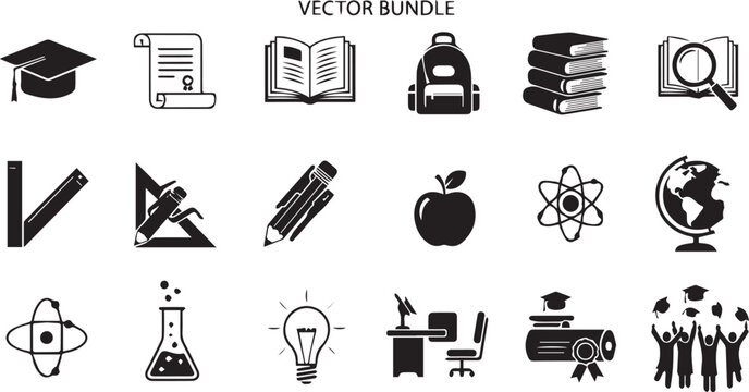 Education and school icons set including graduation cap books apple more with light bulb education graduation learning knowledge classroom homework assignment presentation research geography