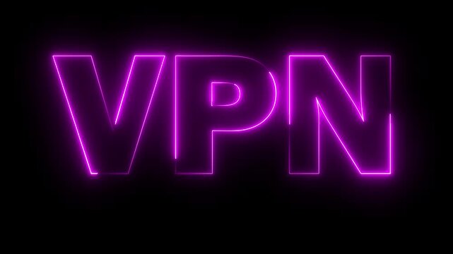 Neon VPN text icon animation glowing pink color business poster template signboard alphabet font letter word banner sign seamless light effect footage on black background