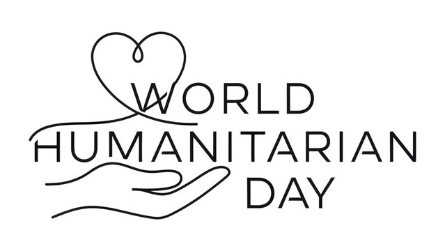 World Humanitarian Day Emblem: A minimalist design representing World Humanitarian Day, featuring an open hand cradling a heart shape, symbolizing care and support for humanity.