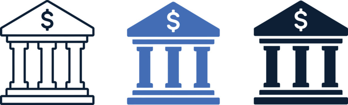 Three classical bank building icons with dollar signs