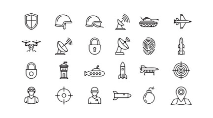 Fototapeta premium Military defense icons in a grid layout with clean lines against a white background for security concepts