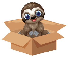 Fototapeta premium Cute Cartoon Sloth Sitting Inside an Open Cardboard Box