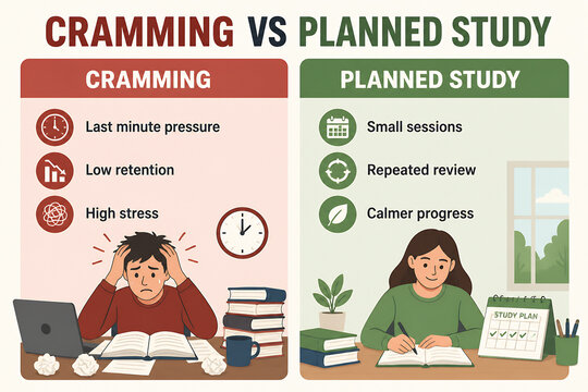A comparison graphic illustrates the differences between cramming and planned study, showing stressed students versus calm, organized learners.