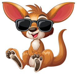 Naklejka premium Cute Cartoon Baby Kangaroo Wearing Sunglasses Sitting on White Background