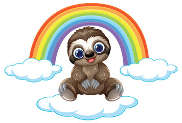 Fototapeta premium Cute Cartoon Sloth Sitting on Cloud with Colorful Rainbow Background