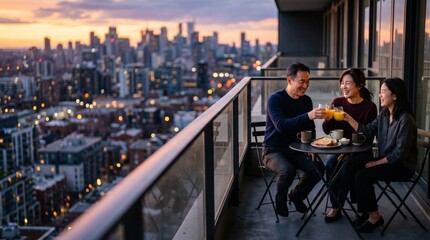 Obraz premium Happy Asian family having breakfast together on balcony with city skyline.
