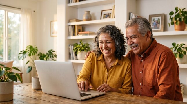 Happy senior Hispanic couple laughing while looking at laptop at home.