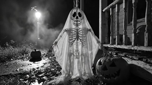 Spooky Halloween porch scene with a skeleton ghost decoration at night with jack-o'-lanterns and fog in black and white