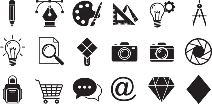 Black and white icons of design and creative tools including drawing measuring photography elements with measuring photography illustration creative triangle protractor magnifying shopping