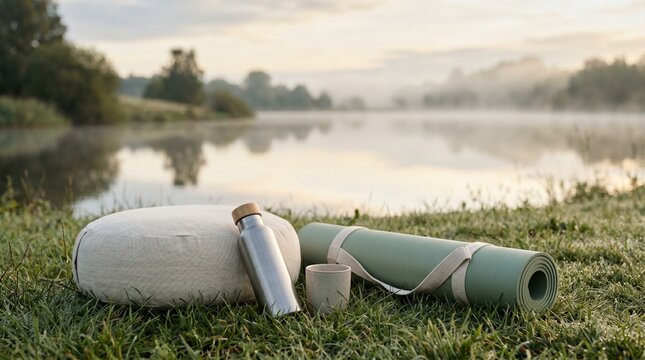 Yoga mat and meditation cushion on wet grass by a misty lake at sunrise.