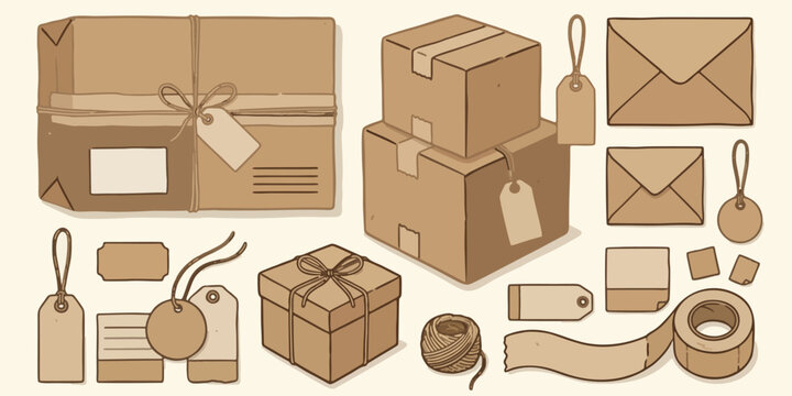 Kraft Paper Packaging Elements and Shipping Stationery Vector Set
Brown Cardboard Delivery Box Envelope and Packing Tape Vector