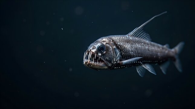 A fierce deep sea fanged fish swimming in dark ocean waters.