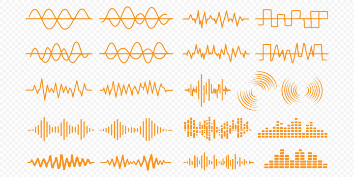Podcast audio waveform and equalizer bars set, monochrome sound frequency lines and voice recording elements. Geometric equalizer bars, abstract ripple shapes and voice recording graphic elements
