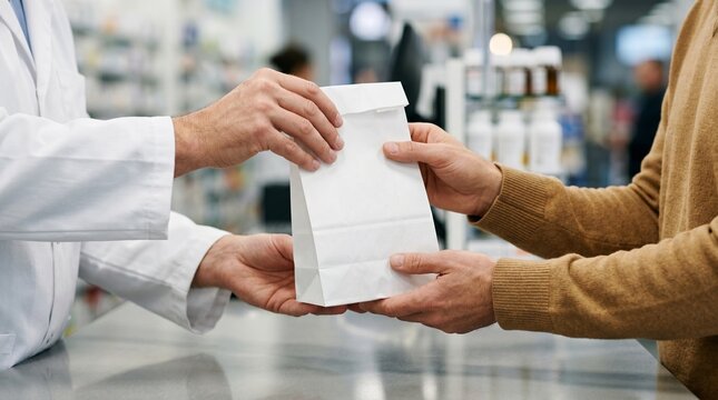 Pharmacist handing medicine bag to a customer over the counter in a modern pharmacy.