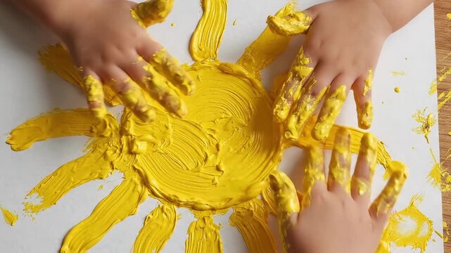 Child's hands covered in yellow paint creating a sun art project
