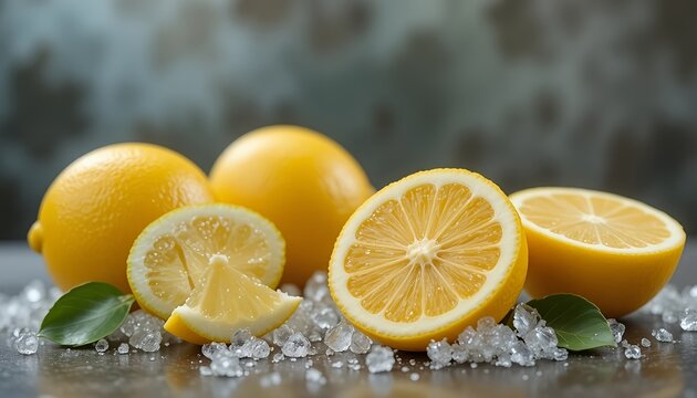 Fresh ripe lemons and lemon slices arranged on crushed ice with green leaves. Bright yellow citrus, juicy texture, and refreshing natural appeal against a soft blurred background