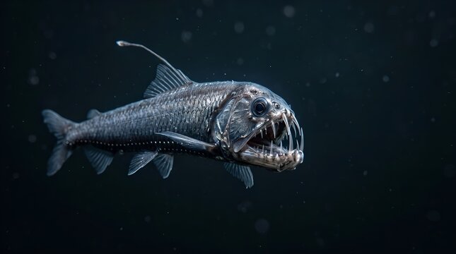 A fierce deep sea viperfish with sharp teeth in the dark ocean.