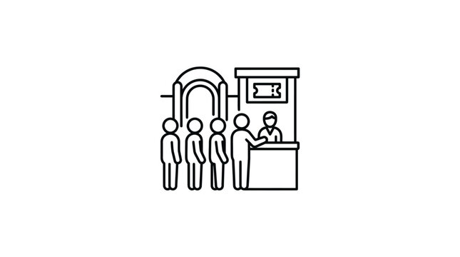 Line icon of people queuing at ticket counter.
