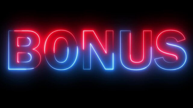 Neon BONUS text icon animation glowing red and blue color business poster template signboard alphabet font letter word banner sign seamless light effect footage on black background