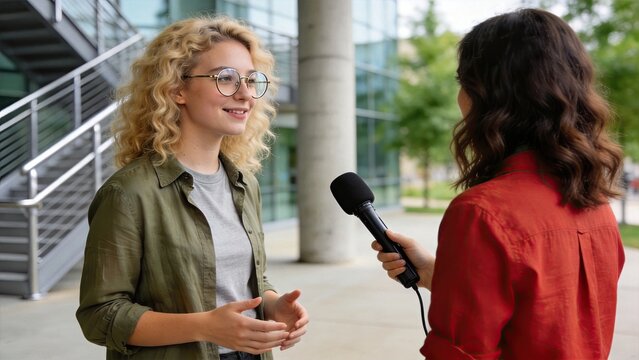 Female reporter interviewing young woman outdoors near modern building, journalism concept, press conference, media coverage, news broadcast, microphone, communication, public