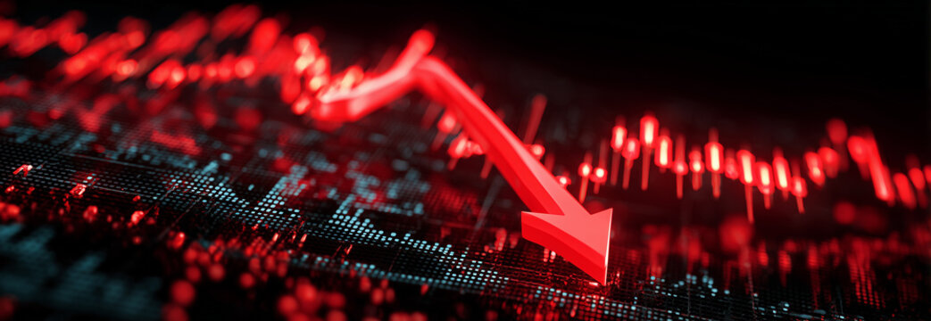 a red stock market graph with an arrow pointing down, indicating a falling market.