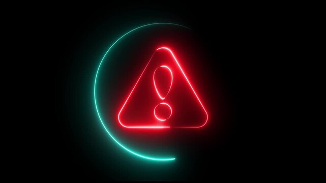 Glowing neon red and cyan color warning attention sign icon animation danger risk alert error stop signal emergency hazard problem issue sign symbol on black background	
