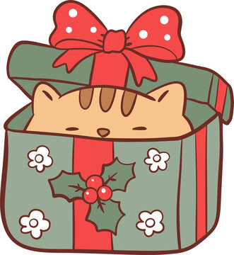 Cat in Christmas Gift Box Clipart PNG
