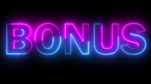 Neon BONUS text icon animation glowing pink and blue color business poster template signboard alphabet font letter word banner sign seamless light effect footage on black background