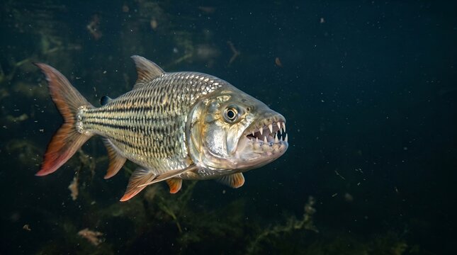 A fierce Goliath Tigerfish swimming in dark river water.