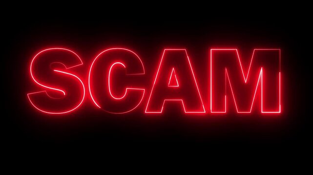 Neon SCAM text icon animation glowing red color business poster template signboard alphabet font letter word banner sign seamless light effect footage on black background