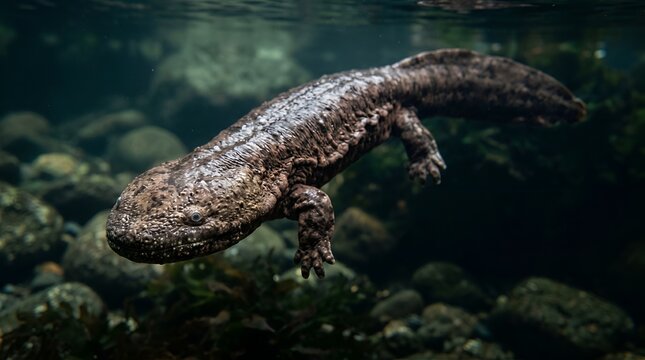 A giant Japanese salamander swimming underwater in a river.
