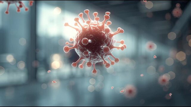 Animation shows different perspectives of disease particles in a clean space. The visuals aim to educate viewers on illness and health.