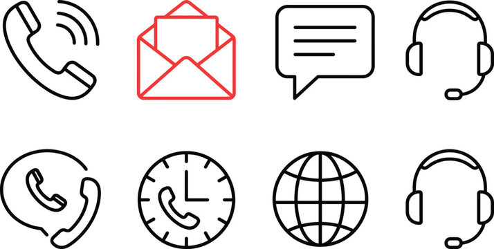 Contact us customer support communication icon set black red linear vector collection for phone email interface graphic design element